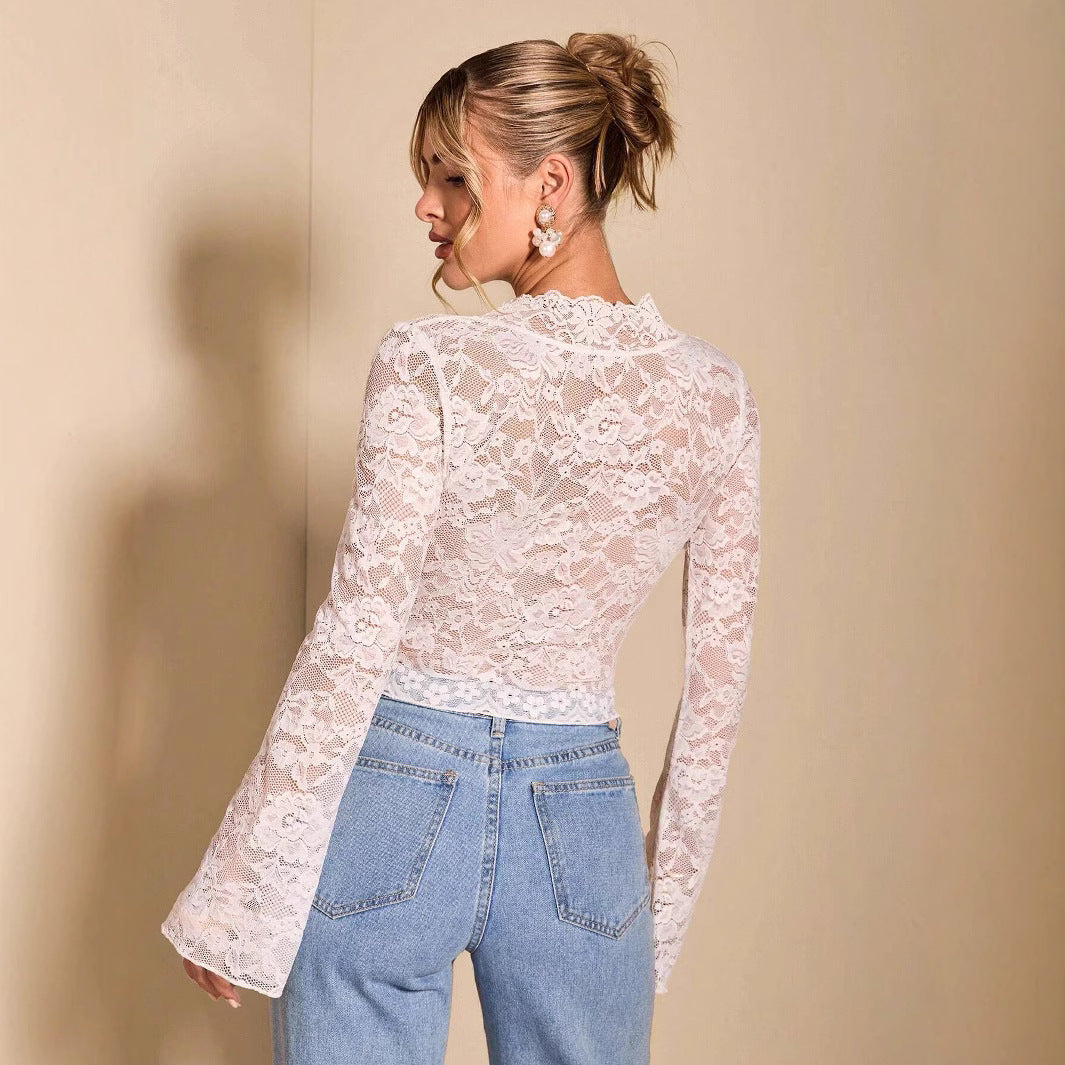 Dam Långärmad T-shirt Transparent V-hals med Geometriskt Mönster-5