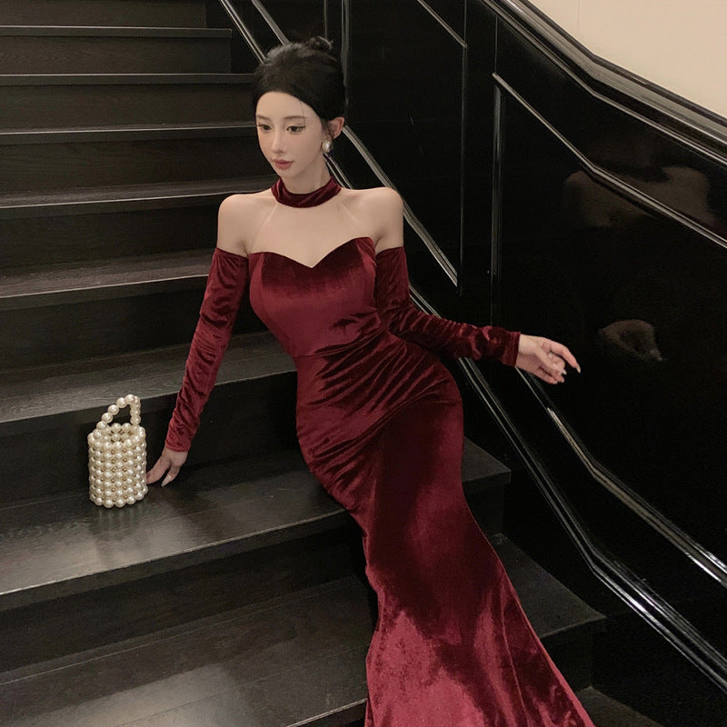 Kvinnors Aftonklänning Lång Off-Shoulder Polyester Elegant Halterneck-4