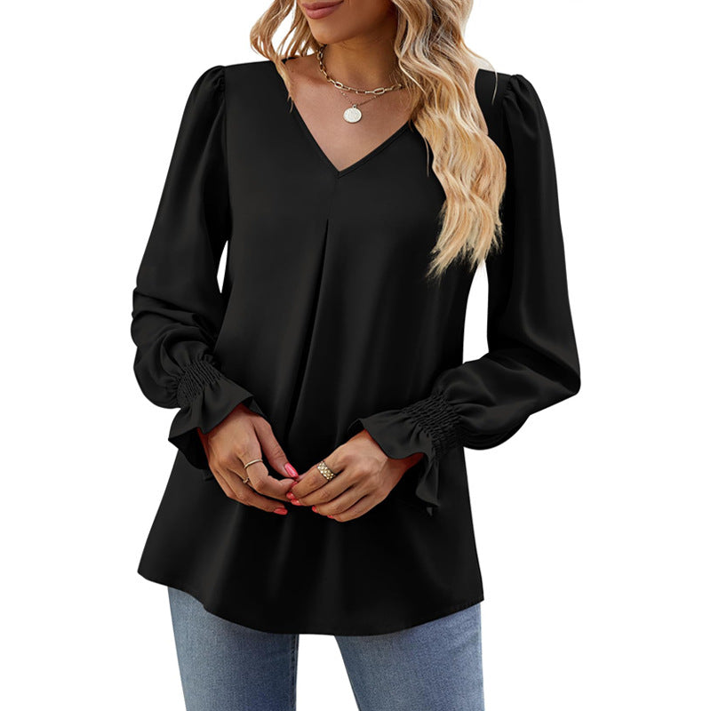 Dam V-neck Topp Puffärmar Polyester-3