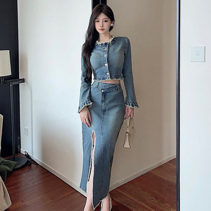 Kvinnors Långärmad Top Oregelbundet Kjolset Bomull-4