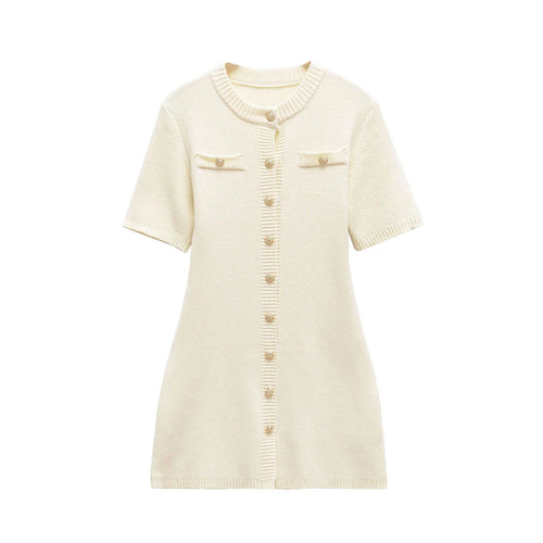 Kvinnors Stickad Klänning med Dekorativa Knappar Högkvalitativ Textil-1