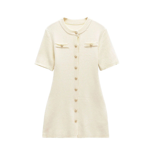 Kvinnors Stickad Klänning med Dekorativa Knappar Högkvalitativ Textil-1
