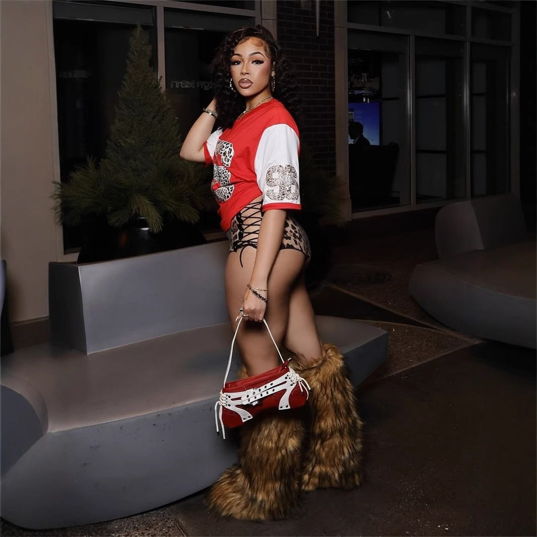 Dam T-Shirt Kortärmad Leopardtryck Polyester Spandex-3