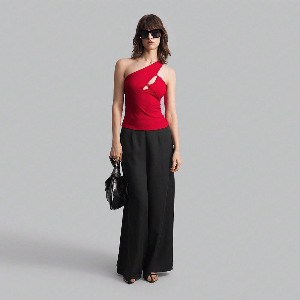 Kvinnors Kort Topp Oregelbunden Design Mjuk Tygblandning-4