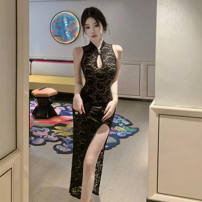 Kvinnor Qipao Klänning Lång Höga Slits Polyester-3