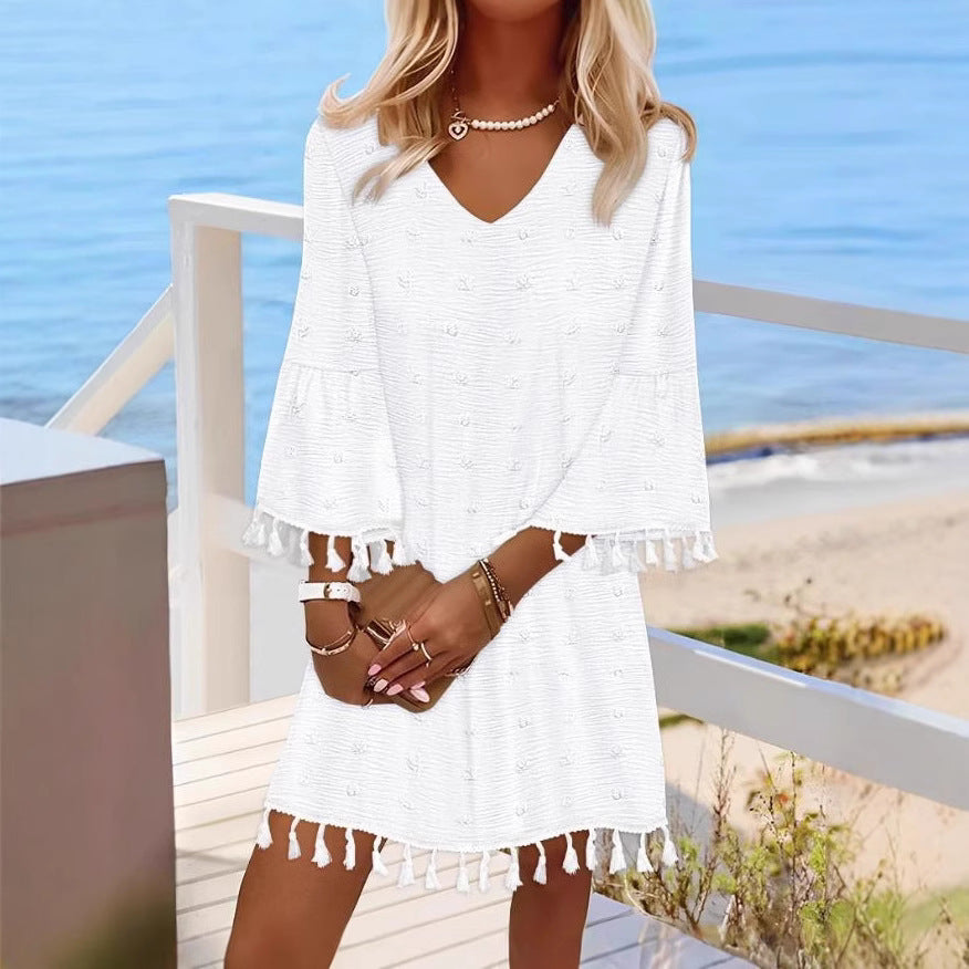 A-Linje Klänning för Kvinna med V-hals och Korta Klockärmar – Midi Jacquard Klänning 2