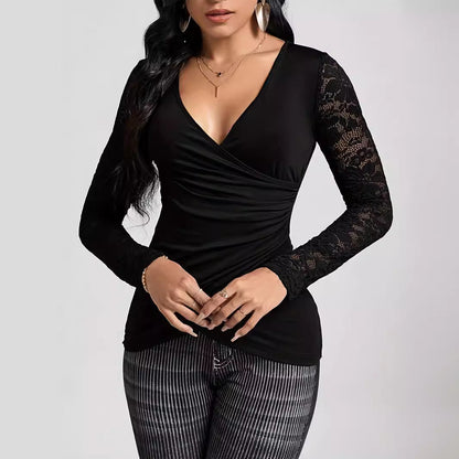 Dam Långärmad T-shirt Slim Fit Rayon med Överlappande Krage-4