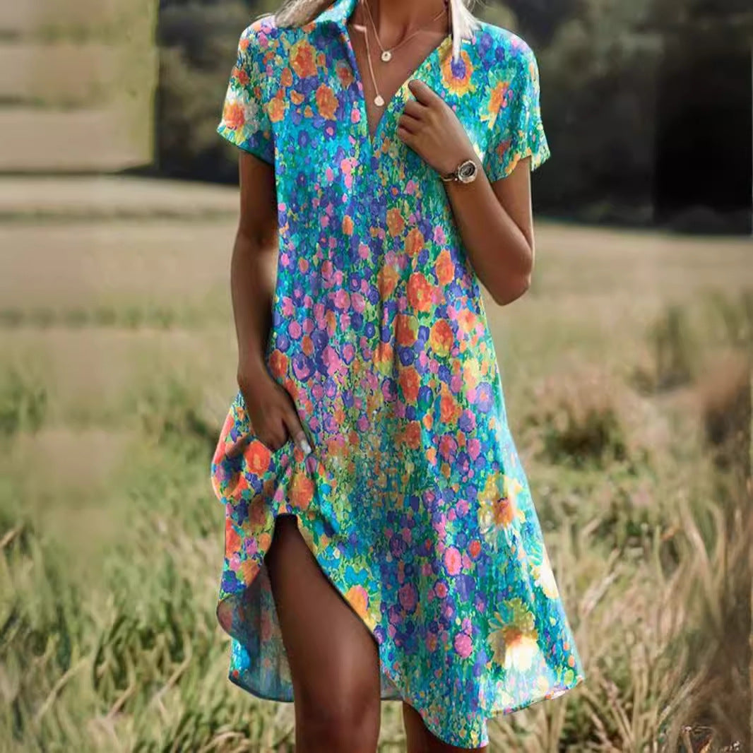Dam Klänning Midi V-ringning Kortärmad Polyester Abstrakt Mönster-2