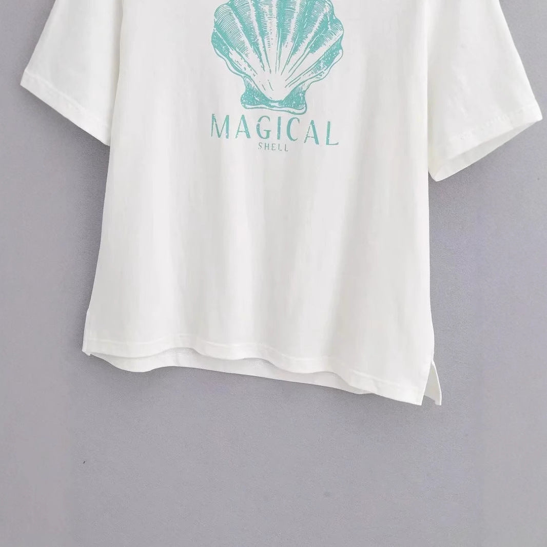 Dam T-shirt Avslappnad Snitt 100% Bomull med Kreativt Skaltryck-4