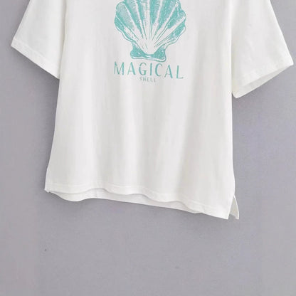 Dam T-shirt Avslappnad Snitt 100% Bomull med Kreativt Skaltryck-4