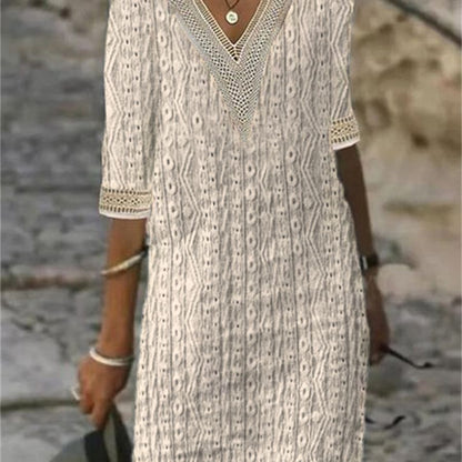 Damklänning A-linjeformad V-hals Jacquard med Halv Ärmar-4