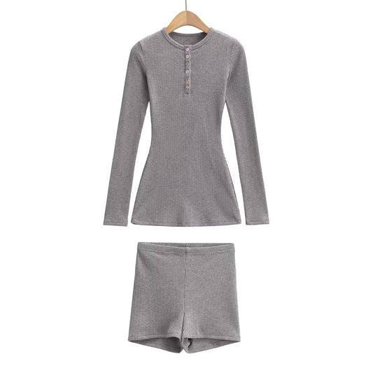 Kvinnors Loungewear Set Långärmad Blus och Shorts Mjuk Bomull 1