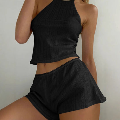 Dam Casual Set med Geometriskt Mönster – Ärmlös Top och Korta Byxor i Vit och Svart Jacquard 5