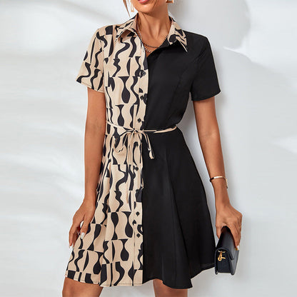 Kvinnors Midi Klänning A-linjeformad Patchwork med Skjortkrage-1