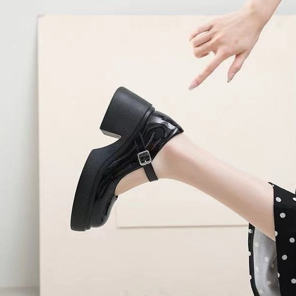 Dam Skor Mary Jane Chunky Klackar Högkvalitativt Färgläder-5