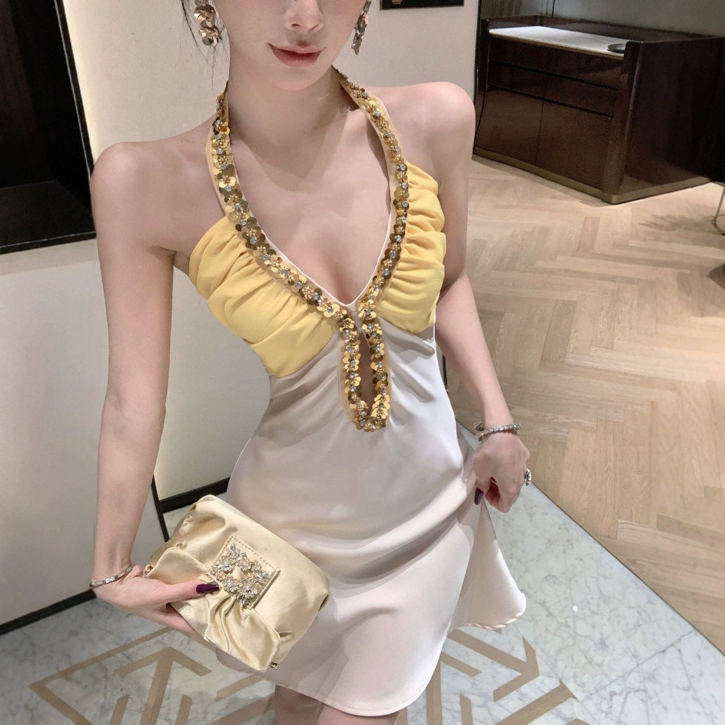 Kvinnors Halterneck Klänning Färgblockad Paljetter Polyester-2