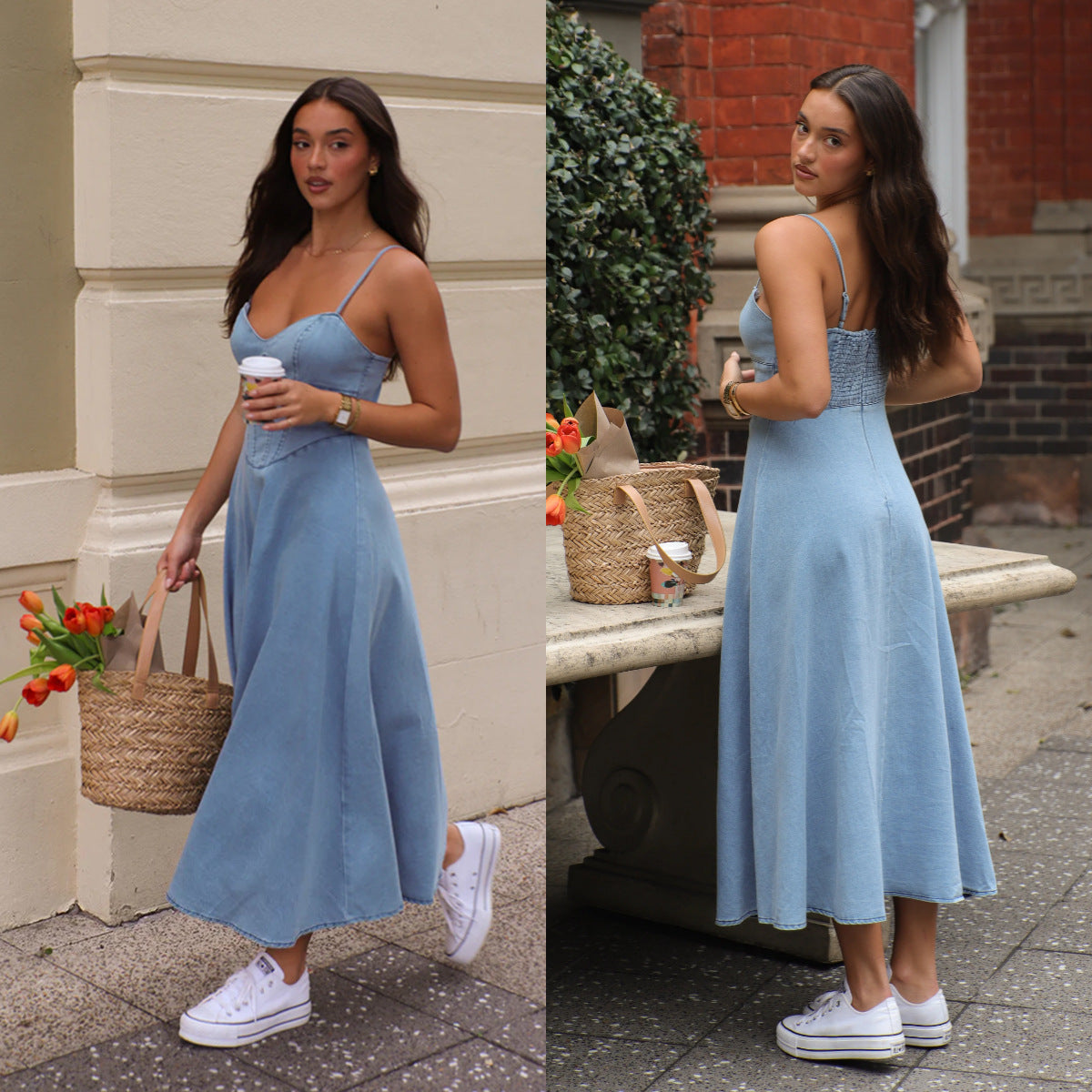 Damklänning A-linjeformad Denim V-ringning Utan Ärmar-2