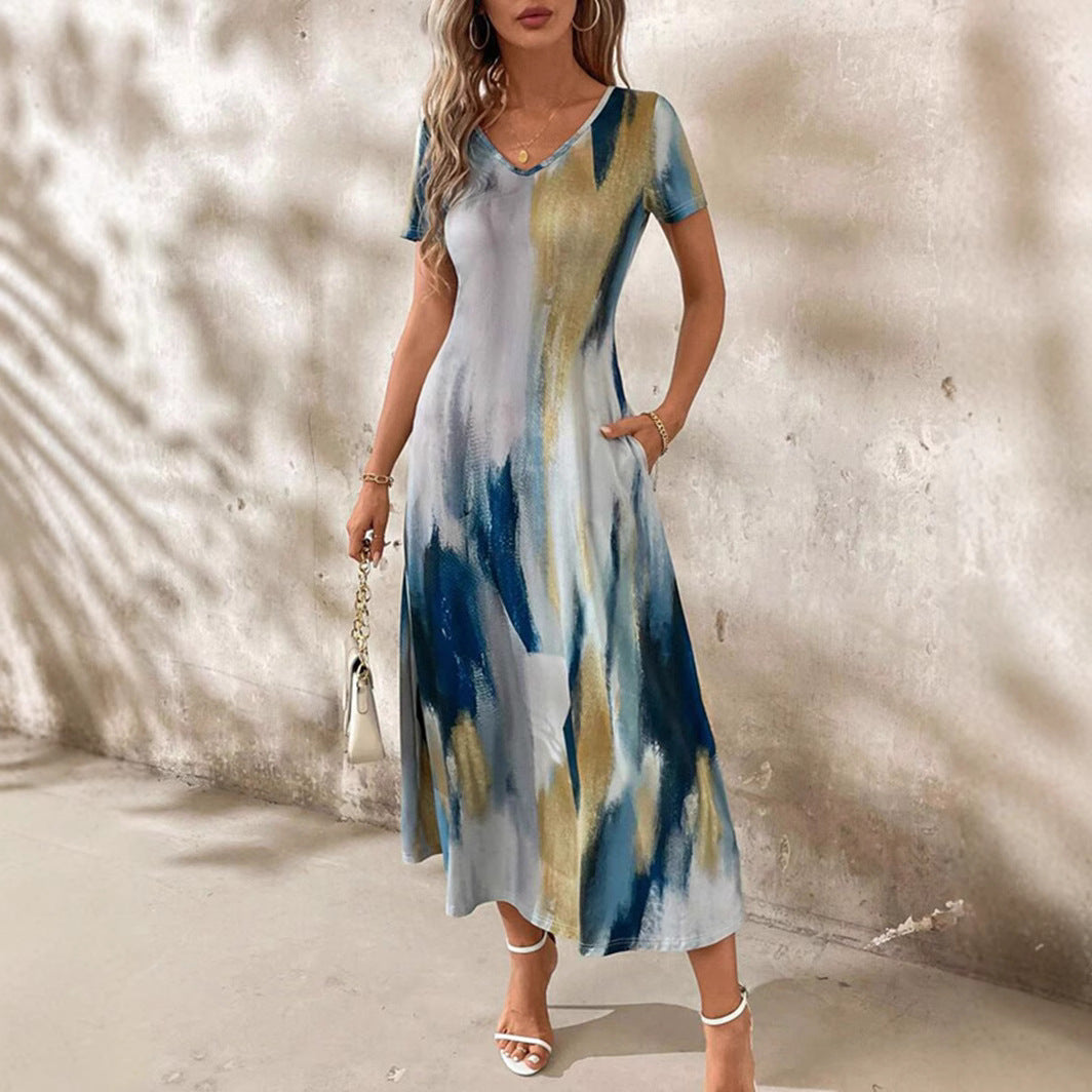 Kvinna A-Line Klänning Geometriskt Mönster Kortärmad Polyester-4