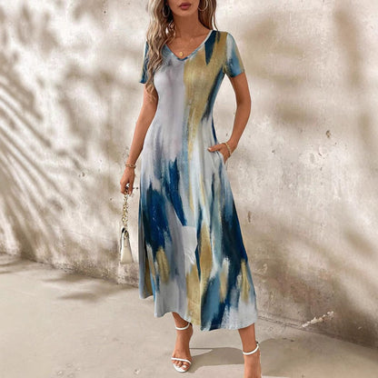 Kvinna A-Line Klänning Geometriskt Mönster Kortärmad Polyester-4