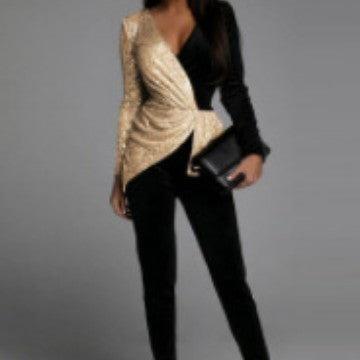 Damer Hängande Byxor med Paljetter Hög Midja Elastisk Blandning-1