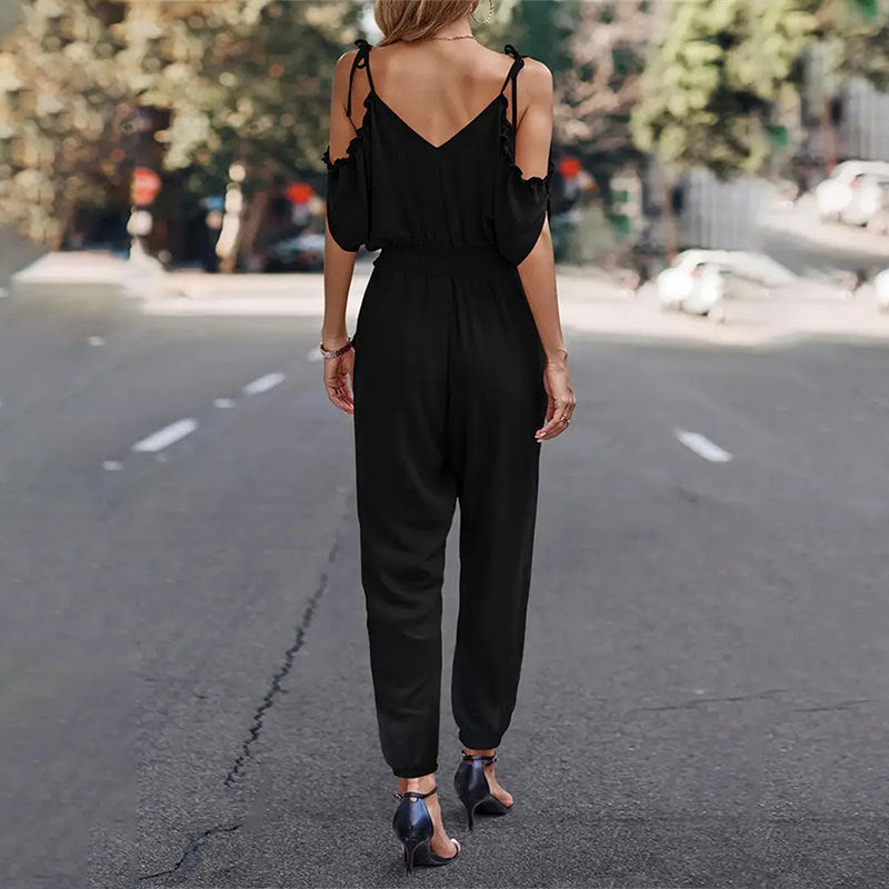 Dam Jumpsuit Öppna Axlar Elastisk Midja Andningsbart Material-4