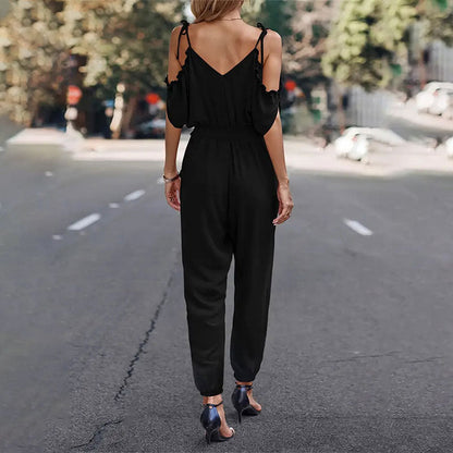 Dam Jumpsuit Öppna Axlar Elastisk Midja Andningsbart Material-4