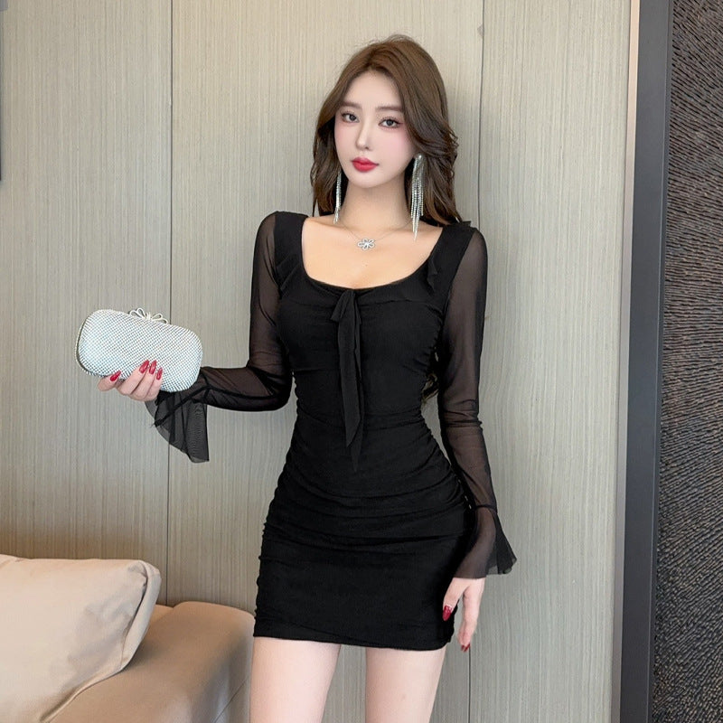 Damklänning Bodycon U-Hals Långärmad Patchwork Polyester-2