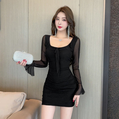 Variant image for Damklänning Bodycon U-Hals Långärmad Patchwork Polyester-4