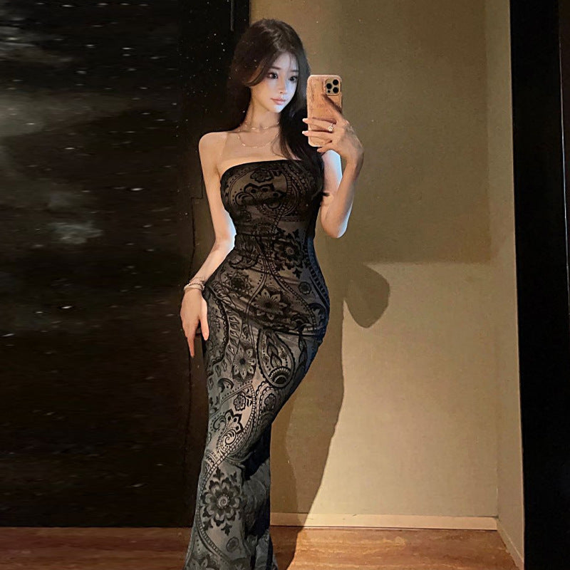 Kvinnors Lång Klänning Off-Shoulder Patchwork Polyester Bomull-2