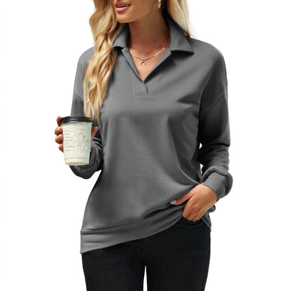 Dam Sweatshirt Långärmad V-ringad Polyester Tjocktröja för Avslappnad Stil-6