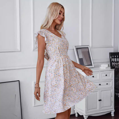 Damklänning A-linjeformad V-ringning Blommönster Polyester Midi-längd-4