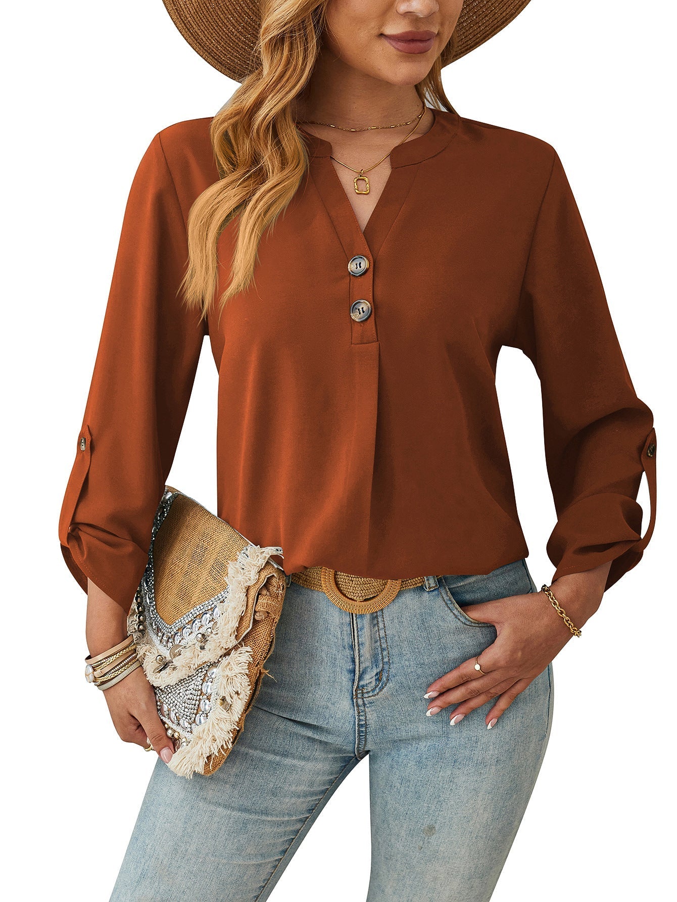 Variant image for Dam Långärmad Topp V-ringad Andningsbar Urban Stil-6