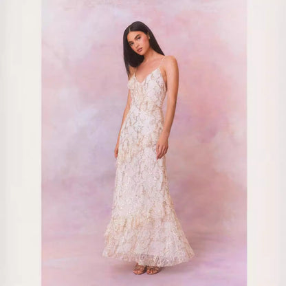 Kvinnors Lång Klänning Paljetter V-ringning Polyester Ärmlös-2