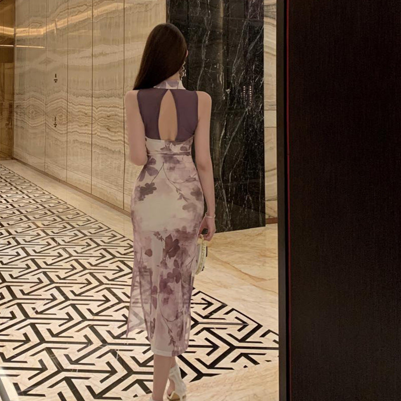 Dam Qipao Klänning Lång Ärmlös Polyester Patchwork-5