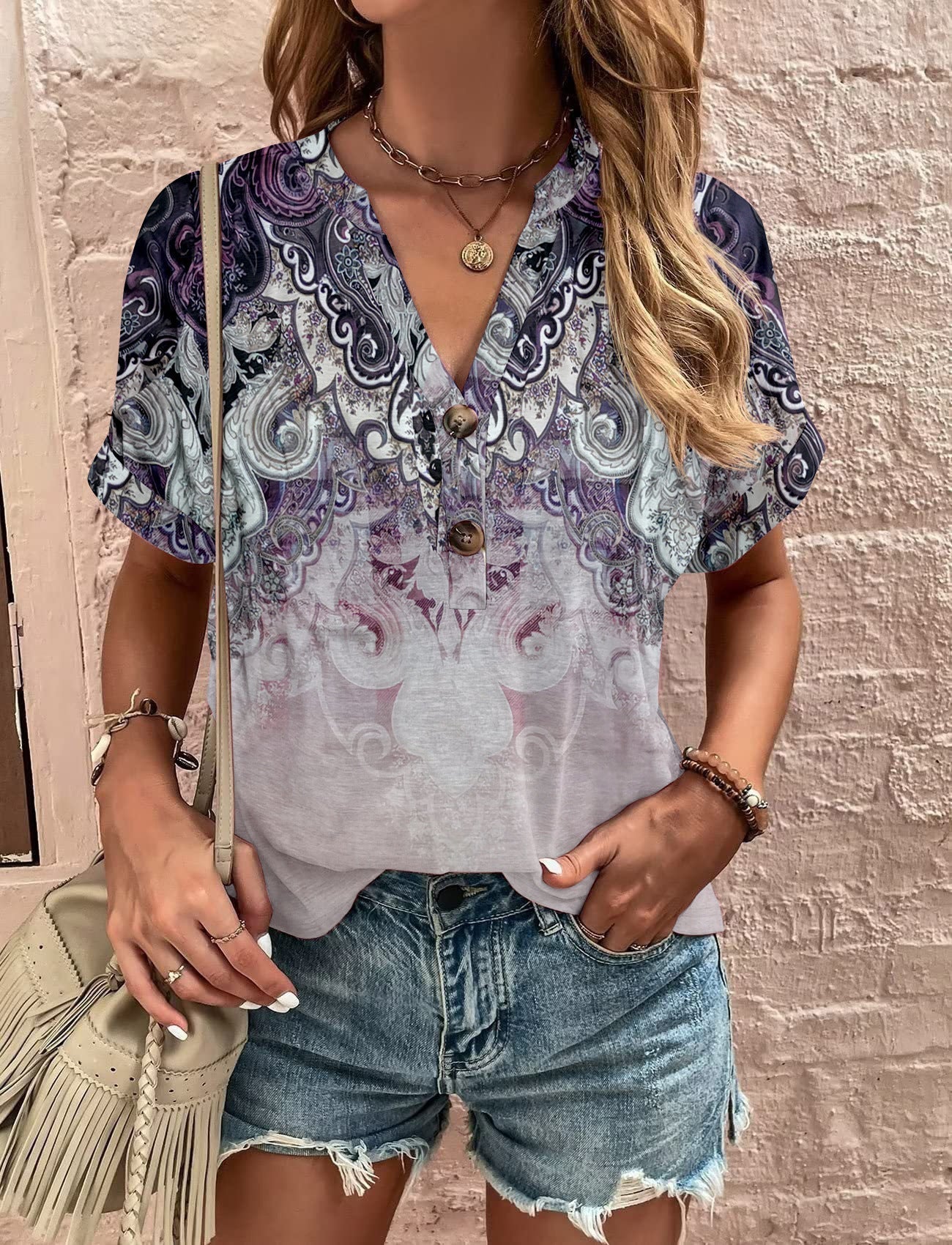 Dam T-shirt V-ringad Kortärmad Spandex Trendig Stil-5