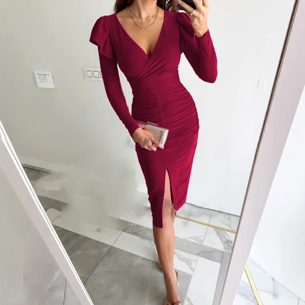 Kvinnors Midi Klänning A-Linje V-Hals Polyester-3