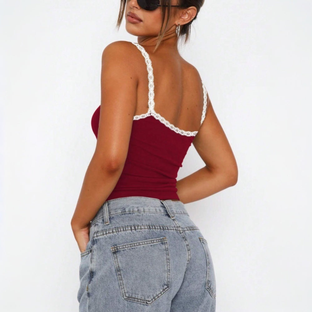 Kvinna Cami Topp Färgblock Spets Stickat Tyg-3