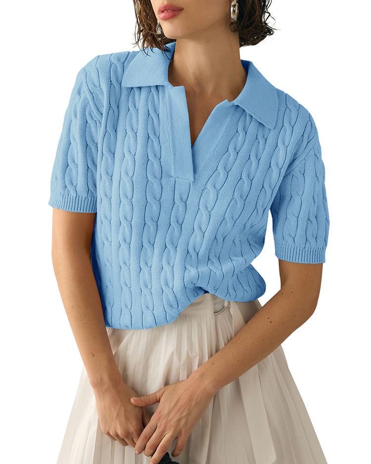 Stickad Dam Tröja med Polo Krage och Trekvartsärmar i Viskos och Akryl-6