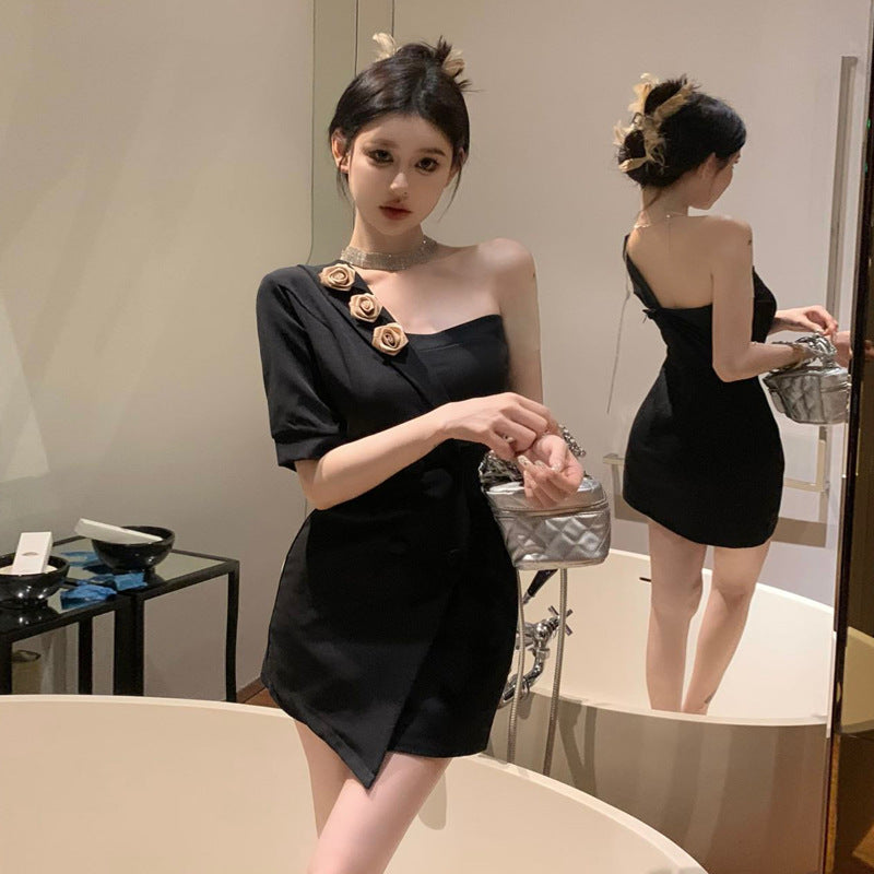 Dam Klänning En-axeldesign 3D Blommig Smal Passform Polyester-3