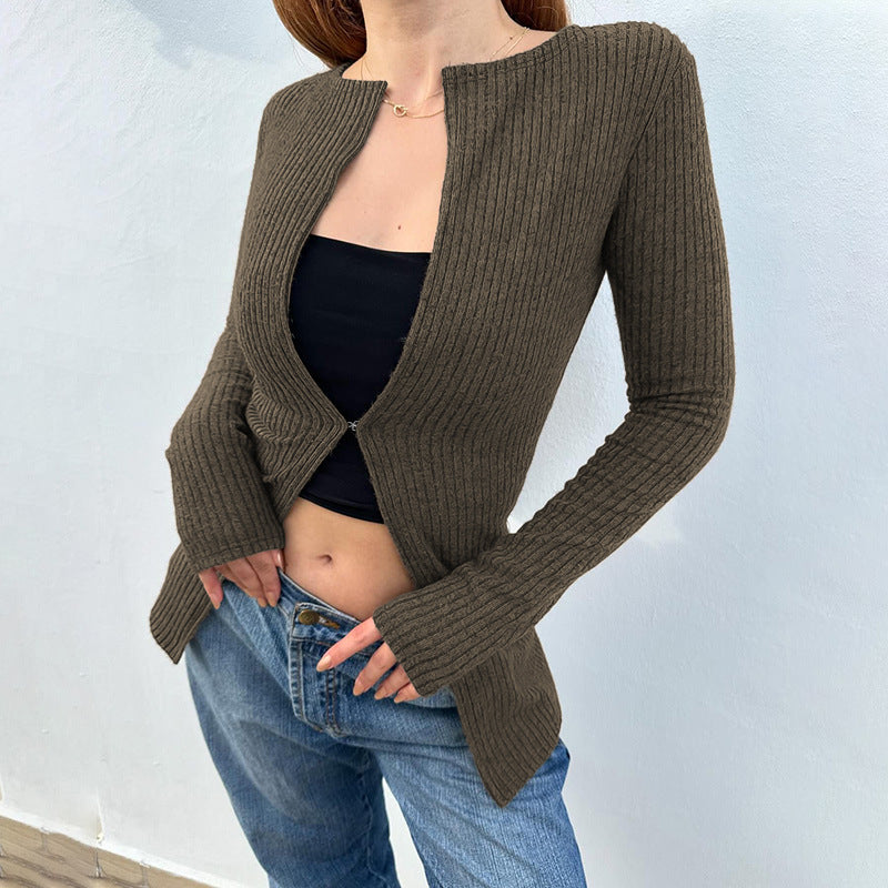 Långärmad Damjacka med Öppen Design i Stretchigt Material – Figur-Huggande Passform för Elegant och Avslappnad Stil 2