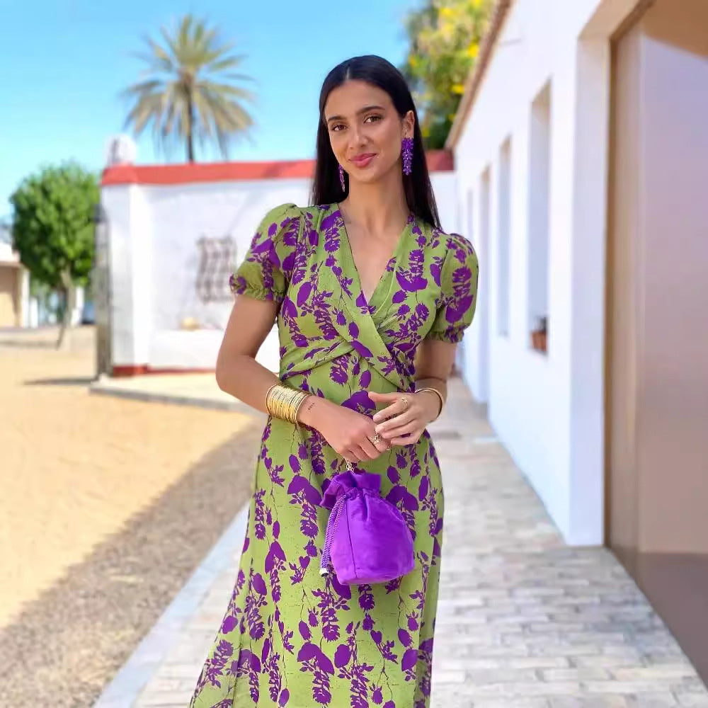 Kvinnors Omslagsklänning Blommönster V-ringad Puffärmar Andningsbart Tyg-4