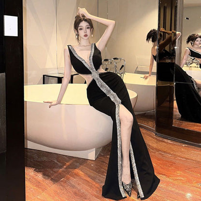 Dam Lång Klänning V-ringad Polyester Öppen Rygg-4