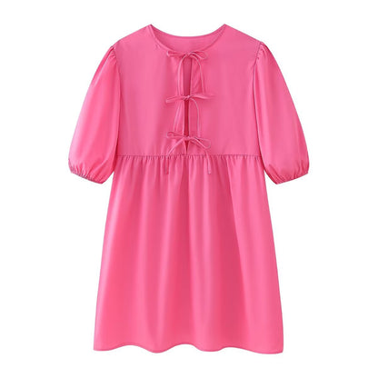 Variant image for Kvinnor Klänning Kort Puffärmar Bindande Bälte Polyester-10