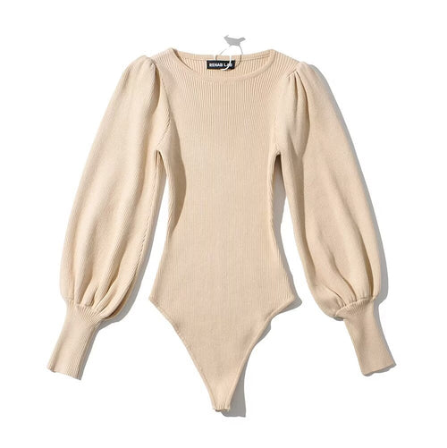 Kvinnor Bodysuit Långärmad Puffärmar Ribbat Elastiskt Tyg-1