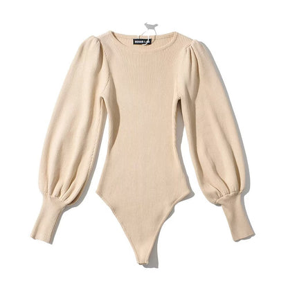 Variant image for Kvinnor Bodysuit Långärmad Puffärmar Ribbat Elastiskt Tyg-1