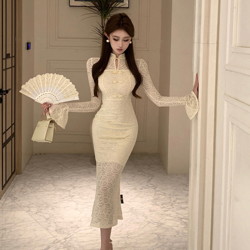 Variant image for Damklänning Bodycon med Spetsdetaljer och Långa Ärmar-1