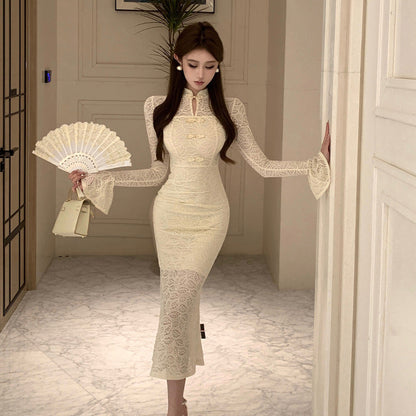 Variant image for Damklänning Bodycon med Spetsdetaljer och Långa Ärmar-1