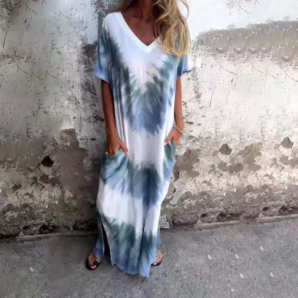 Variant image for Damklänning V-ringad A-linjeform Tie-Dye Polyester Korta Ärmar-17