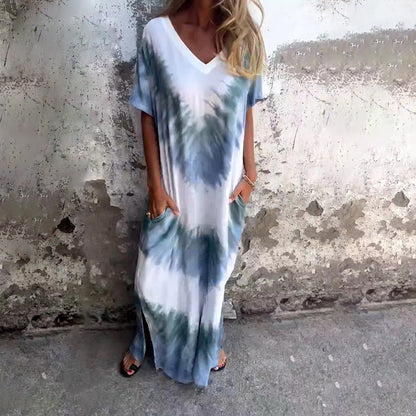 Variant image for Damklänning V-ringad A-linjeform Tie-Dye Polyester Korta Ärmar-17