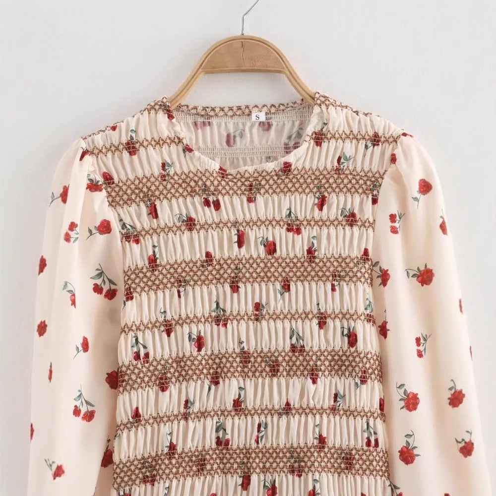 Dam Blus Blommig Design Rynkade Detaljer Lätt Tyg-3